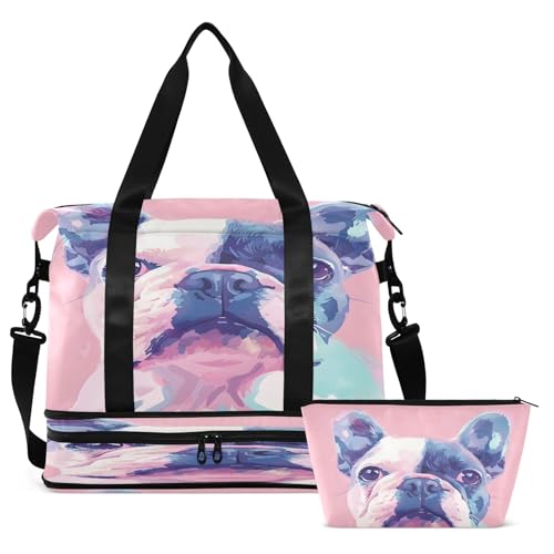 Pink Background and Dog Travel Duffel Bag Waterproof Gym Sport Tote Bag Carry On Weekender Bag with Compartment2