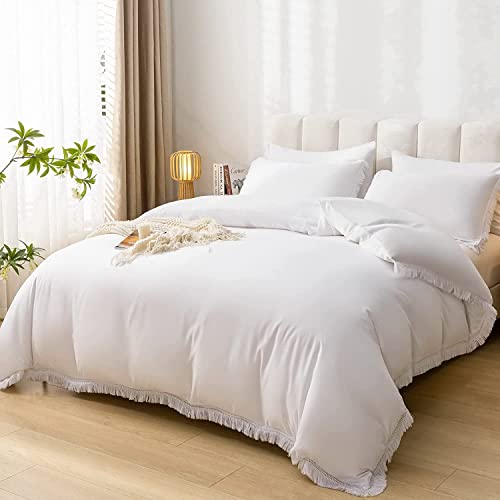 Smoofy 3Pcs Fringe White Tassel Comforter Set Full Boho Bohemian Cute Soft Tufted Microfiber Bedding Sets Modern Style For Men And Women (1 Comforter + 2 Pillowcases) #TOP15