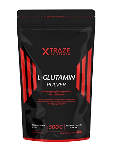 L Glutamina Polvo 500 g, 100% Pura Sin Sabor, 100 días de Alta Dosis (5g por día), Vegana, para el Entrenamiento con Pesas, Musculación, Fitness. Suplemento Natural de Calidad Alemana. XTRAZE®