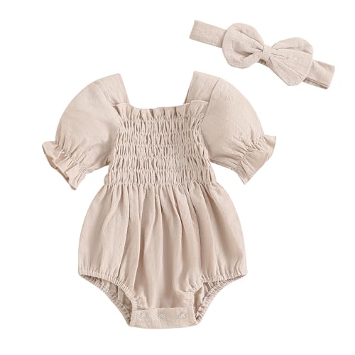 Image of Ursobutegl Infant Baby Girls Romper Ruffle Sleeve Pleated Smocked Bubble One Piece Ruched Jumpsuit Boho Summer Bodysuit