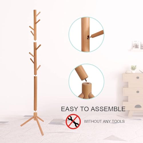 Image of Ginoya Brothers Wooden Coat Rack, Freestanding Hall Tree with Hooks Easy to Assemble Suitable for Children and Adult, Hat Clothes Rack Stand for Bedroom Office Entrance. (92-2 Beige)