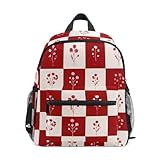 OWFKAY Mochilas para niños y niñas, diseño de flores de tablero de ajedrez, color rojo, mochila pequeña para guardería o escuela