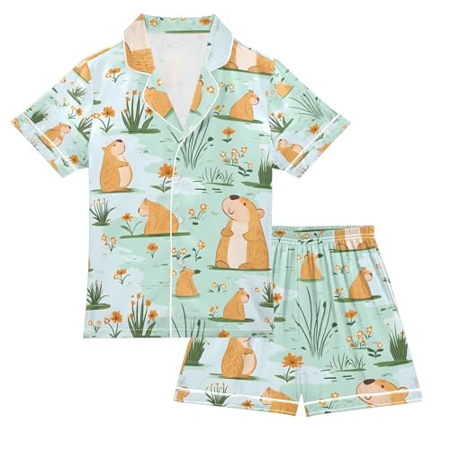 senya Cute Capybara Pond Satin Summer Pajama Sets Silk Short Sleeve Button Down Sleepwear