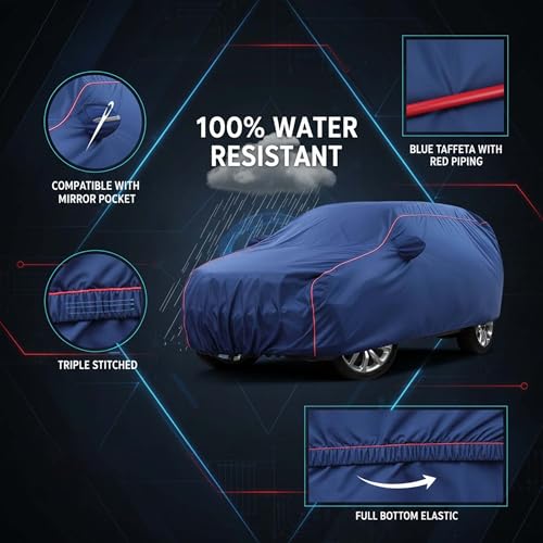 Image of Sulfar 100% Water Resistant Car Body Cover Compatible with Mirror for Mahindra Scorpio (Triple Stitched, Full Bottom Elastic, Blue Taffeta with Red Piping)