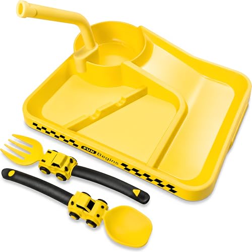 Deinyi Fun Construction Toddler Plates & Utensils - Divided Non-Tip Plate for Ages 1 2 3 4 5 6 7 - Perfect Birthday Party Gift for Boys & Girls - Yellow