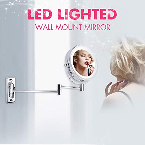 Sharplace Round Double-Sided Swivel Wall Mount Vanity Mirror LED Lighted with 5x Magnification Extension Pole for Counter Home Bathroom Shaving Makeup