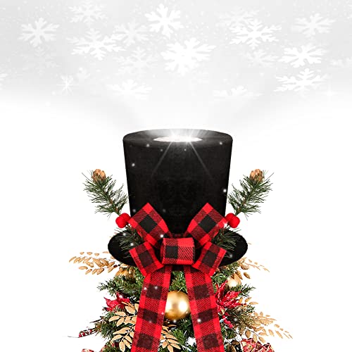 BLOOMWIN Christmas Tree Topper Hat Lighted with Snowflake Projector, Black Velvet Bowler Hat with Red Plaid Bow Pine Cones, Rustic Christmas Decorations for Home Tree Topper with Lights - image 1