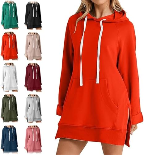The Warmy Oversized Hoodie Dress,Casual Oversized Hoodie Dress For Women,Long Sweatshirt Hooded Dress,Pullover Long Sweatshirt Split Hem With Pockets,Fall Winter Clothes (Orange Red, XXL)