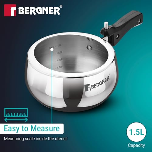 Image of Bergner Shouraya Triply Stainless Steel 1.5 Litres Inner Lid Pressure Cooker, Belly Shape, Faster and Even Heat Distribution, Healthy Cooking, ISI-Certified - Induction and Gas Stove Ready