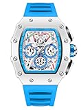 FANMIS Fashion Hollowed Men Watches Tonneau Skeleton Dial Big Face Waterproof Chronograph Fashion Casual Watch with Silicone Strap Multifunctional Outdoor Sports Wristwatch (Blue)