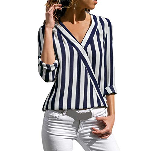Preisvergleich Produktbild Riou Damenbekleidung Damen Cuffed Langearmshirt Gestreiftes Unregelmäßige Arbeit Büro Hemd Tops Elegant Bequem Lösen Oberteile beiläufigen Pullover Sweatshirt Blusen Herbst (XL, Blau)