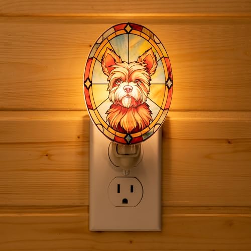 Image of Dog Night Light Yorkshire Terrier, Stained Glass Styled Plug-in Wall Nightlight, Bulb Included, Pet Memorial Dog Lover Gift, Bedroom Hallway Bathroom Decor, Manual On /Off Switch
