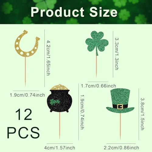 12Pcs St Patrick's Day Cupcake Toppers, Glitter Shamrock Lucky Three Leaf Clover Cupcake Picks Hat Horseshoe Cake Decorations for St Patrick's Day Party Irish Holiday Supplies - Image 2