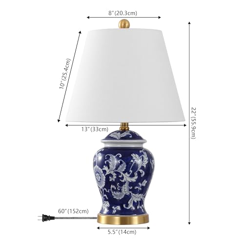 Image of JONATHAN Y 22 inch Navy /White Ceramic Table Lamp, French Country Chinoiserie Ginger Jar LED Bedside Lamp for Living Room Bedroom, White Linen Shade (JYL3005D)