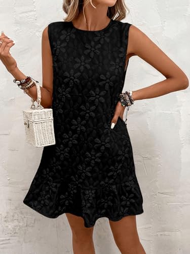 Women's Ruffle Hem Jacquard Dress Casual Sleeveless Tank Floral Mini Dress Smock Wedding Guest Dresses4