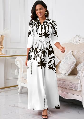 Image of Rumwind Maxi Dresses for Women, 3 /4 Sleeve Shirt Collar Casual Afircan Print Church Dress Button Down with Belt and Pockets