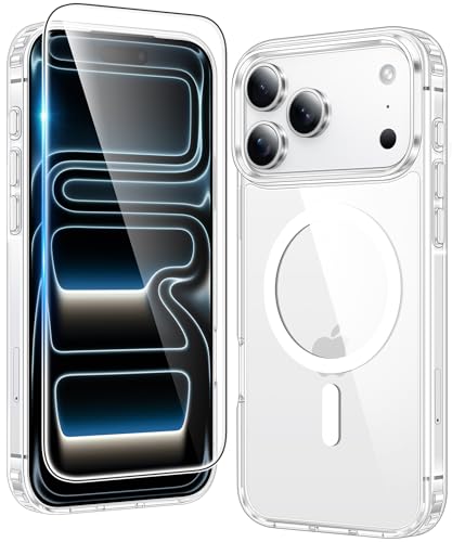 Image of FNTCASE for iPhone 17 Pro-Max Case: Compatible with Magsafe Clear Magnetic Phone Cases Drop Proof Anti Yellowing Slim Shockproof Rugged Protective Transparent Cell Cover with Screen Protector(Clear)