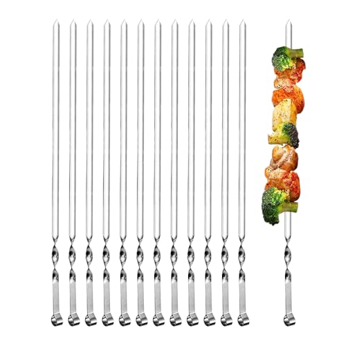 Ram 1B09W9YRSNQ2 X Kebab Skewers Set of 12 Stainless Steel BBQ Grilling Skewers Flat Reusable Metal Skewer Sticks for BBQ Cocktail Shish Kabob Party Essentials 30cm