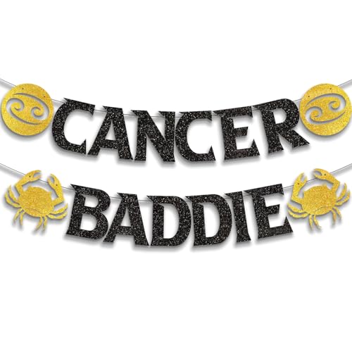Image of Cancer Baddie Banner for June July Birthday Party Decorations, Black Gold Zodiac Cancer Birthday Banner for Horoscope, Astrology Bday Party Decor, Ideas, Jokes and Favors (Black + Gold)