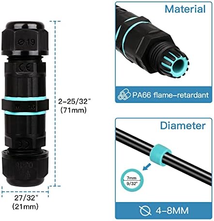 Waterproof Outdoor Cable Connector Zevnico IP68 Cable Connector, 3 Pole Waterproof Connectors for Outside Cables, Inline Cable Connector 2 Way External Sleeve Coupler Ø 4mm-8mm(Pack of 4)