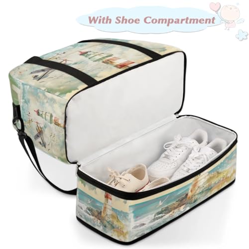 Travel Duffel Bag with Shoe Compartment, Lighthouse Airplane Shoulder Weekender Bags for Women, Foldable Waterproof Travel Bag Carry on Bag4