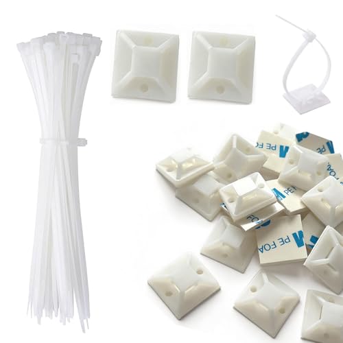 Strong Back-Glue Self Adhesive Cable Zip Tie Mounts Kit - 50 Set Cable Management Clips with 6' Zip...