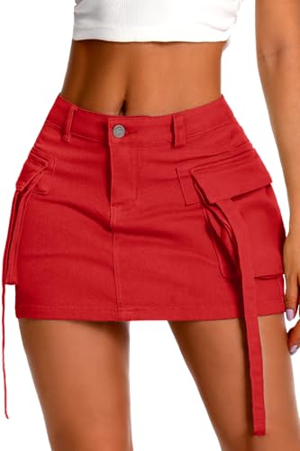 ELLEVEN Women's Cargo Skirt High Stretchy, y2k Mini Jean Skirts for Women Denim Low Waist Cute Skirt with Pocket Red Medium