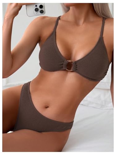 SweatyRocks Women's 2 Piece Bikini Set Ring Linked V Neck Bathing Suit High Cut Swimsuit3