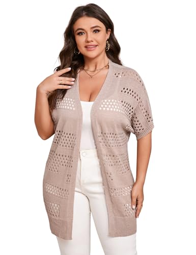 Image of Summer Crochet Cardigan Plus Size Women Short Sleeve Open Front Knitted Cardigans Lightweight Cover Up for Beach
