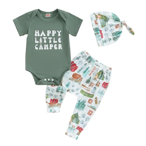 Image of Omkzanbi Newborn Boy Outfit Happy Little Camper Bodysuit Retro Woodland Camping Jogger Pants Hat Cute 3Pcs Coming Home Outfit (Green, 3-6 Months)