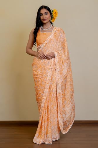 Image of MIRCHI FASHION Women Saree Floral Print Chiffon | Lightweight Festive Occasion Sari for Farewell and Functions with Unstitched Blouse Piece