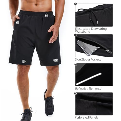Bermuda de corrida masculina esportiva para treino, secagem rápida, esportiva, preta, com bolsos com