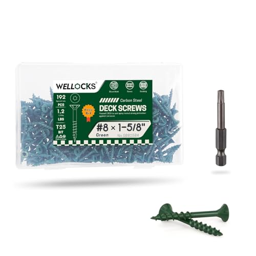 Image of WELLOCKS #8 x 1-5 /8 in Green Deck Screws, 1.2 lbs with T25 Bit | Epoxy Coated Wood Screws for Outdoor Deck Boards, Fence Boards, Trim, and Treated Lumber.