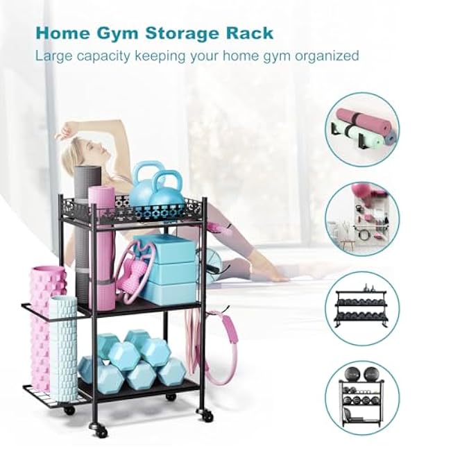 Yoga Mat Storage Rack,Home Gym Storage Rack,Workout Equipment Storage Organizer,Weight Storage Holder Rack with Wheels for Yoga Mats,Foam Roller,Dumbbells,Kettlebells,and Resistance Bands