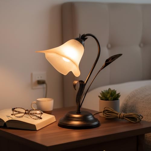 ILAB Lumetto comodino a 1 luce destro in ferro battuto e vetro realizzato e decorato artigianalmente coll. calla vetro