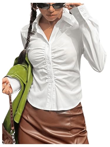 GORGLITTER Women's Fitted Button Down Shirts Y2k Ruched Long Sleeve Collared Tops Corporate Outfits 2025