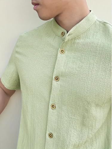 Image of Men's Solid Textured Half Sleeve Shirt with Stylish Buttons | Band Collar Casual Shirt for Summer Wear