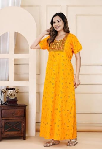 Image of DIAMO Pure Cotton Embroidery Nighty for Women, Cotton Night Gown, Night Maxi Gown, Cotton Nighty with a Pocket and Adjustable Knot