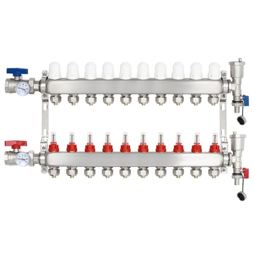 Image of Dollate 10 Loop Radiant Floor Heating Manifold, Stainless Steel, 10 Branch, Adapter, 1 inch NPT