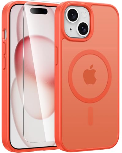 Image of FNTCASE for iPhone 15 Case: for iPhone 14 Case & iPhone 13 Case [Compatible with Magsafe] Translucent Matte Cases with [Screen Protector] Military Grade Shockproof Protective Phone Cover - Orange