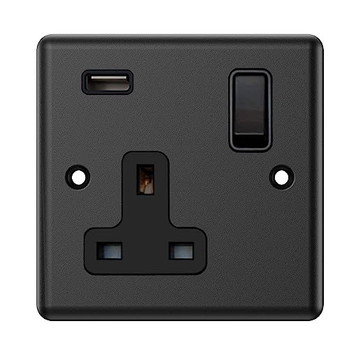Matt Black 1 Gang Socket w/USB Charging Port Black Insert Plastic Rocker Switch -13 Amp Single Plug Socket & USB Power Outlet