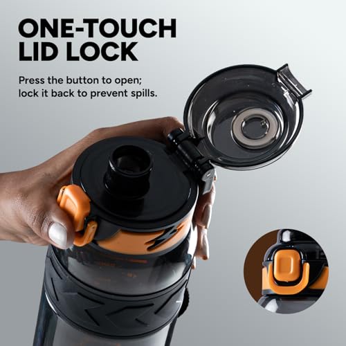 Image of Hundred Rock 1 Litre Water Bottle | 1000ml / 34oz | BPA Free | One Key Open Safety Lock | Spill and Leak Proof Sports, Travel, Gym Bottle (Black /Orange)