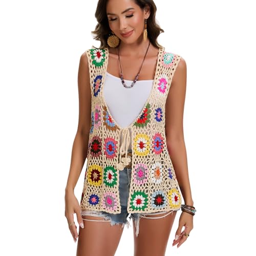 Crochet African Flower Granny Square Crochet Vest, Color Block Sweater, Knitted Multicolor Open Front Cardigan2