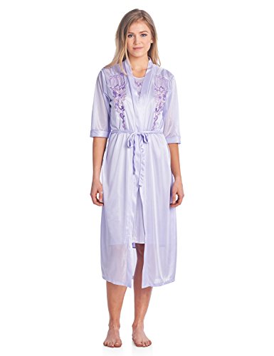 Casual Nights Women's Satin 2 Piece Robe And Nightgown Set - Embroidered Purple - Large #TOP1