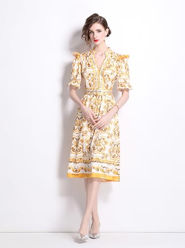 LAI MENG FIVE CATS Women's Button Up V-Neck Short Puff Sleeve Floral Print Split Casual Midi Dress3