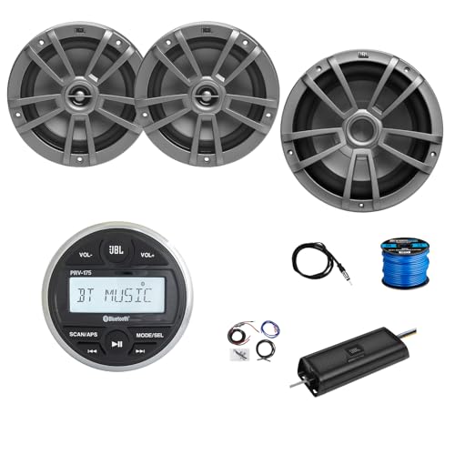 Marine Gauge Style Bluetooth AM/FM Receiver, 2X 6.5 180 Watt 2-Way Multi-Element Audio Speakers (Gray), Wire, Antenna, 10