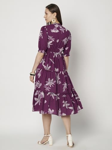 Image of PIDAVLIYA'S Women's Floral Summer Maxi Dress I Cotton Printed I One Piece Bodycon Midi Dress with V-Neck, Puffed Sleeves