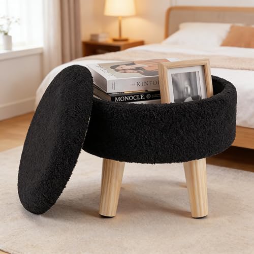 DUMOS Round Storage Ottoman with Reversible Tray Lid, Multi-Functional Footrest, Teddy Velvet Footstool with Wood Legs, Small Coffee Table for Living Room, Bedroom, Black by DUMOS - Used condition - Image 7