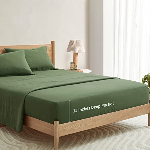 Atlinia Bedding Linen Sheets Set Bed - 100% French Linen Sheets King Size Organic Flax Bedding Farmhouse Boho Style - Deep Pocket Fitted Sheet & Flat Sheet & 2 Pillowcases (Green, King) #TOP4