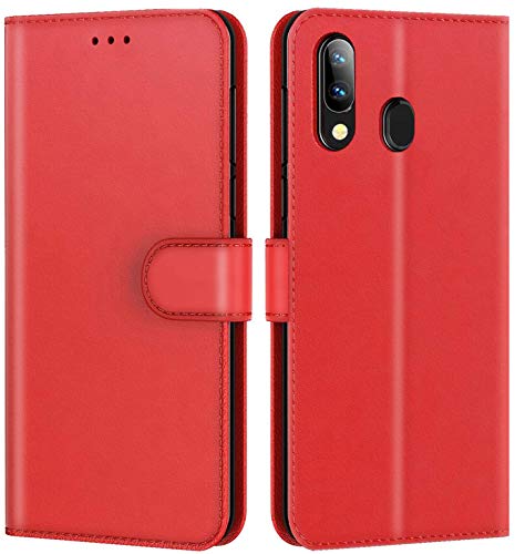 New&Teck Coque Samsung Galaxy A20E Housse Etui Portefeuille Cuir Multifonction, Fermeture Magnétique à Clapet Anti-Choc (Rouge)